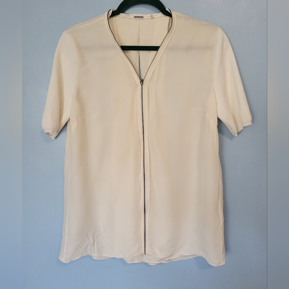 Elie Tahari Silk Women’s Cream Zip-Front Short Sleeve Blouse S